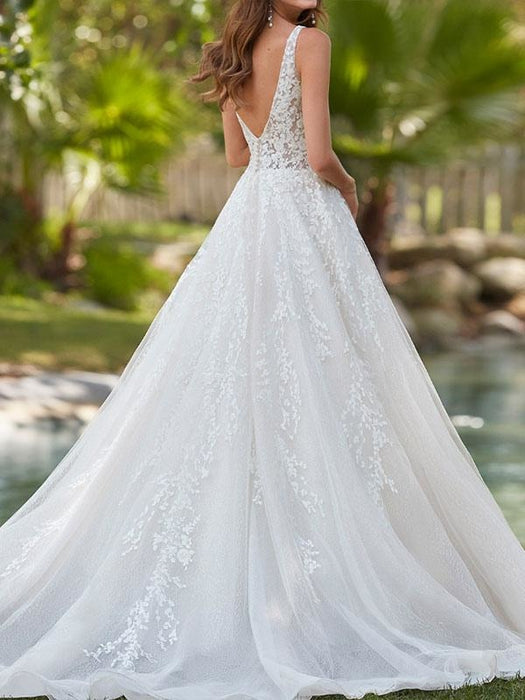 White Wedding Dresses A Line Floor Length Sleeveless Applique V Neck Long Bridal Dresses