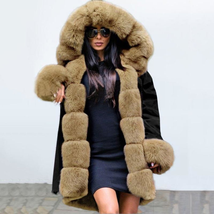 Winter Black Faux Fur-trimmed Long-length Overcoat - Taupe / S - womens furs & leathers