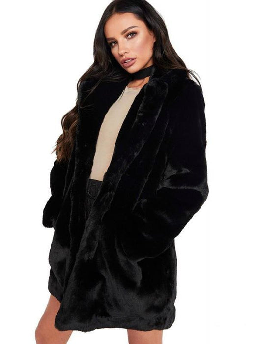 Winter Daily Regular Stand Long Faux Fur Coats - Black / S - womens furs & leathers