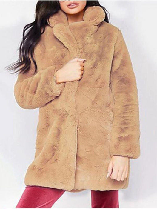 Winter Daily Regular Stand Long Faux Fur Coats - womens furs & leathers