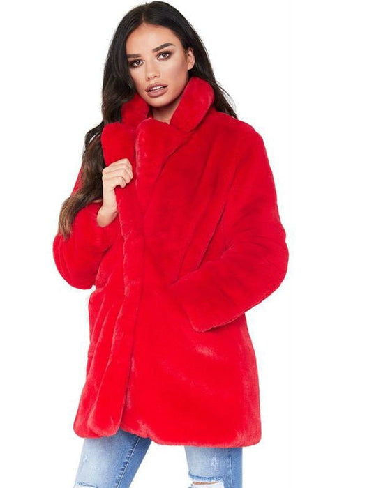 Winter Daily Regular Stand Long Faux Fur Coats - Red / S - womens furs & leathers