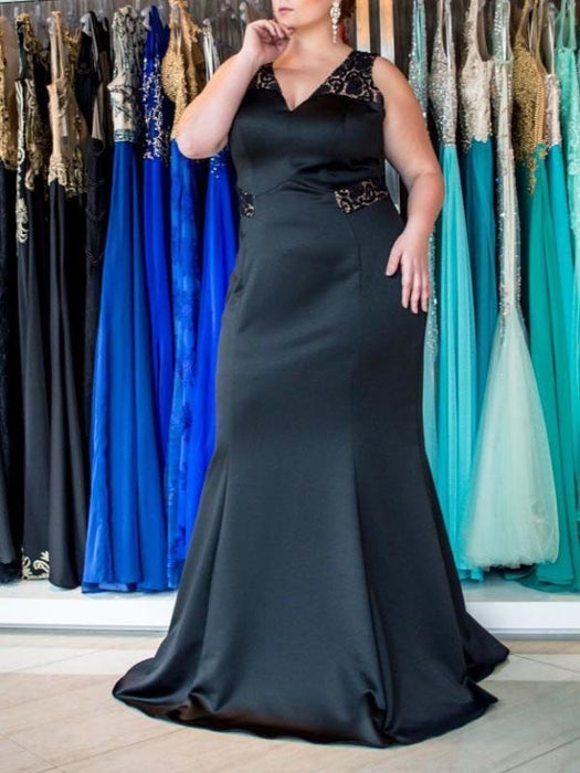With Lace Sweep/Brush Train Elastic Woven Satin Plus Size Dresses - Prom Dresses
