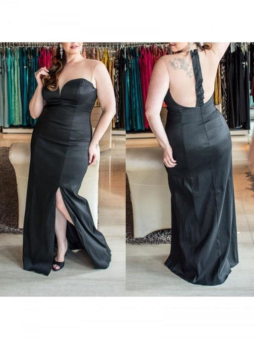 With Ruched Floor-Length Elastic Woven Satin Plus Size Dresses - Prom Dresses