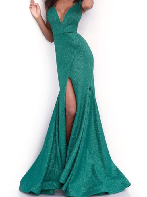 Women Evening Gown Forest Green V Neck Backless Polyester Split Maxi Party Dress