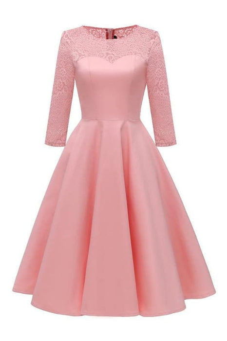 Women Fall Evening Party Work Satin Lace Dress - Pink Dress / S - lace dresses