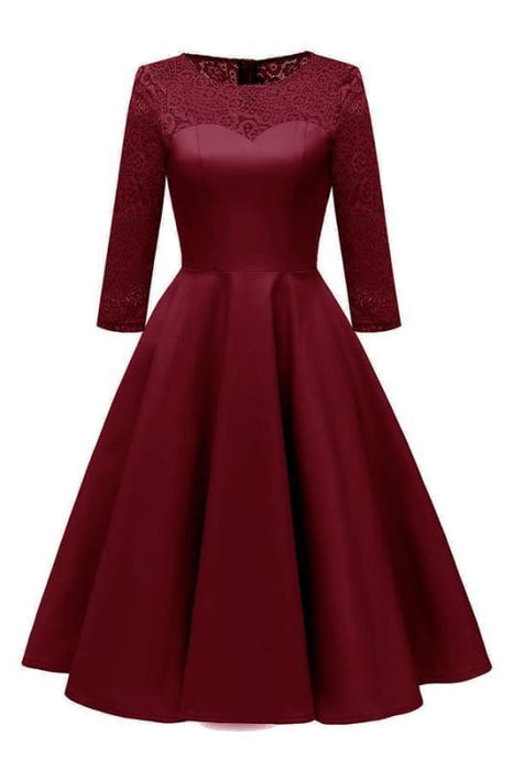 Women Fall Evening Party Work Satin Lace Dress - Burgundy Dress / S - lace dresses