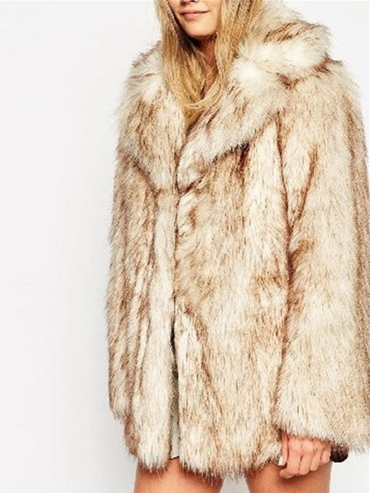Women Faux Fur Coat Long Sleeve Notch Collar Beige Women Faux Fur Jacket