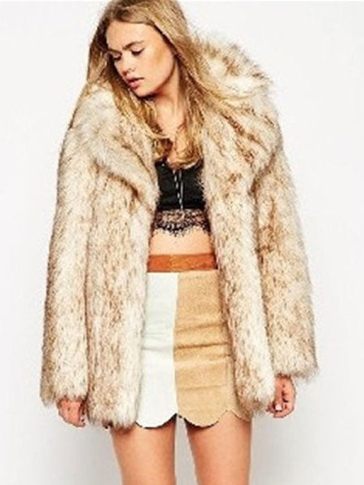 Women Faux Fur Coat Long Sleeve Notch Collar Beige Women Faux Fur Jacket