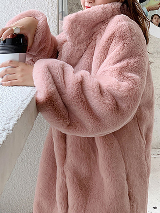 Women Faux Fur Coats Apricot Long Sleeves Turndown Collar Casual Long Winter Coat