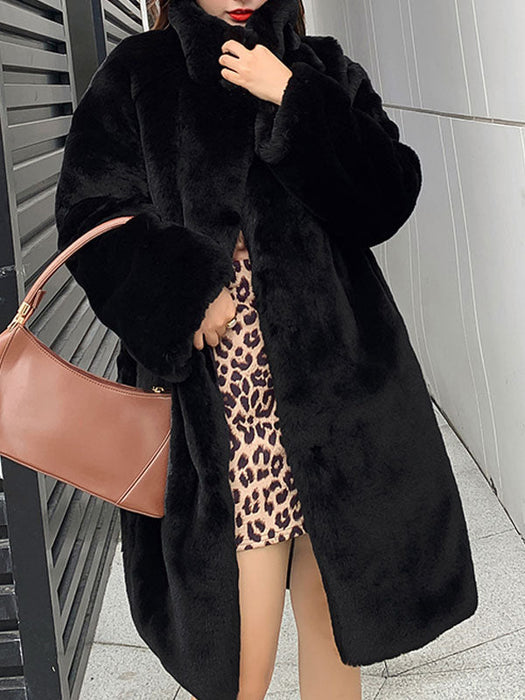 Women Faux Fur Coats Apricot Long Sleeves Turndown Collar Casual Long Winter Coat
