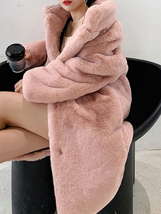 Women Faux Fur Coats Apricot Long Sleeves Turndown Collar Casual Long Winter Coat