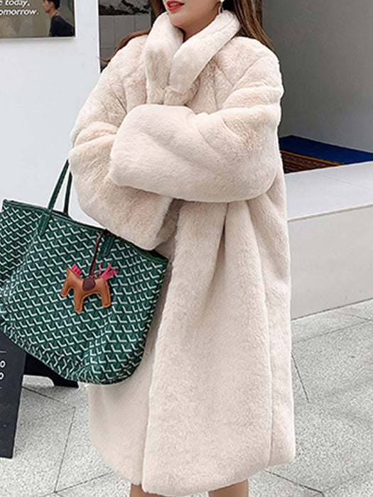 Women Faux Fur Coats Apricot Long Sleeves Turndown Collar Casual Long Winter Coat