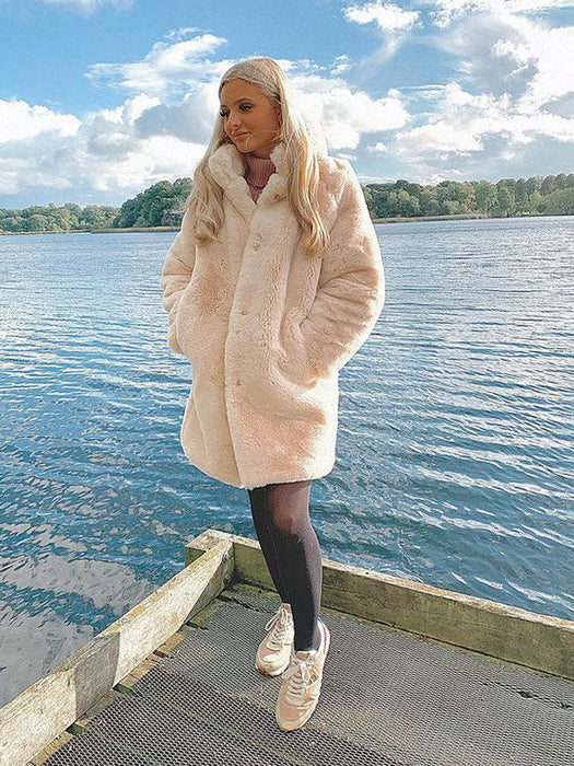 Women Faux Fur Coats Apricot Long Sleeves Turndown Collar Casual Long Winter Coat