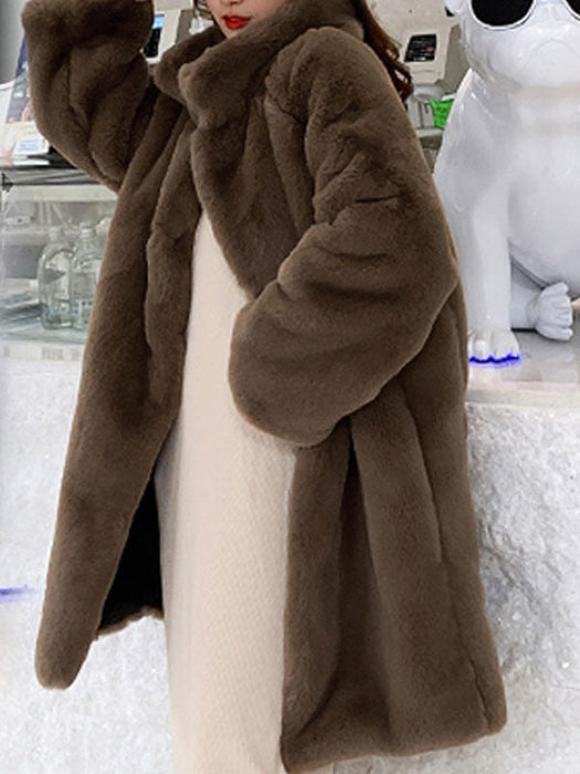 Women Faux Fur Coats Apricot Long Sleeves Turndown Collar Casual Long Winter Coat