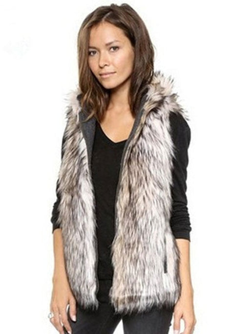 Women Faux Fur Gilet Sleeveless Hooded Light Gray Faux Fur Women Vest