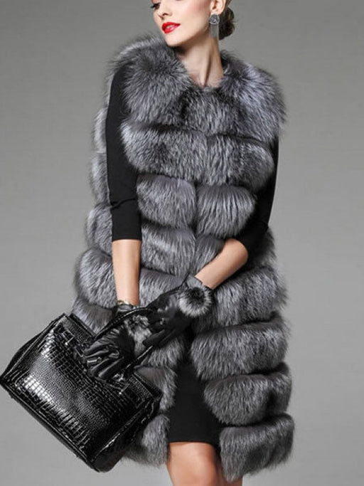 Women Faux Fur Vest Sleeveless Jacket Grey Quilted Gilet