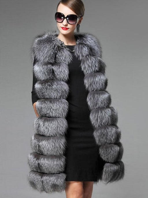 Women Faux Fur Vest Sleeveless Jacket Grey Quilted Gilet
