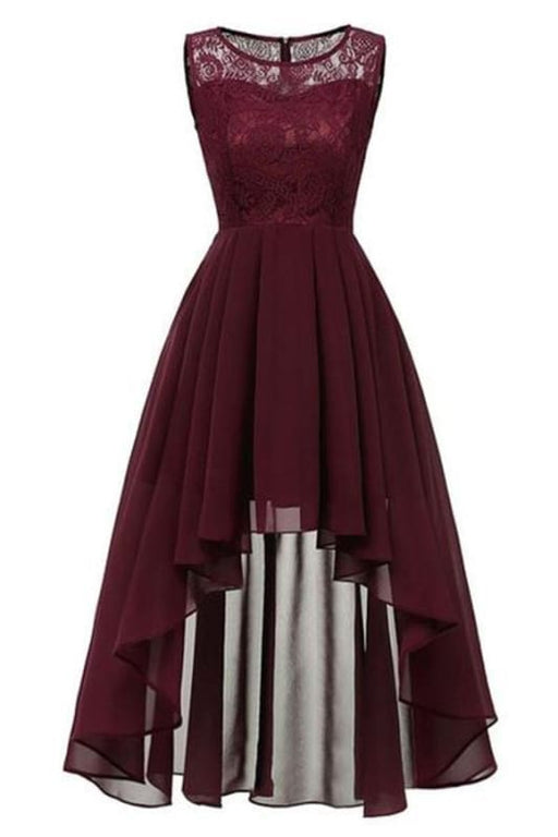Women Sexy Asymmetrical Chiffon Lace Long Dresses - Burgundy / S - lace dresses