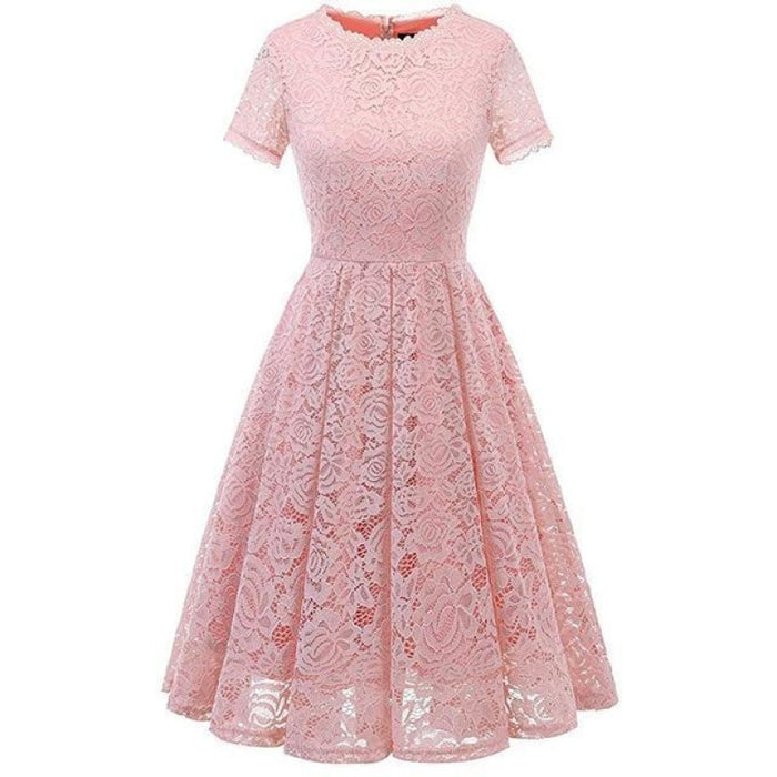 Women Short Sleeve Party Office Lace Dresses - Pink / S - lace dresses