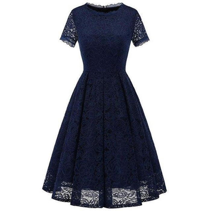 Women Short Sleeve Party Office Lace Dresses - Navy Blue / S - lace dresses