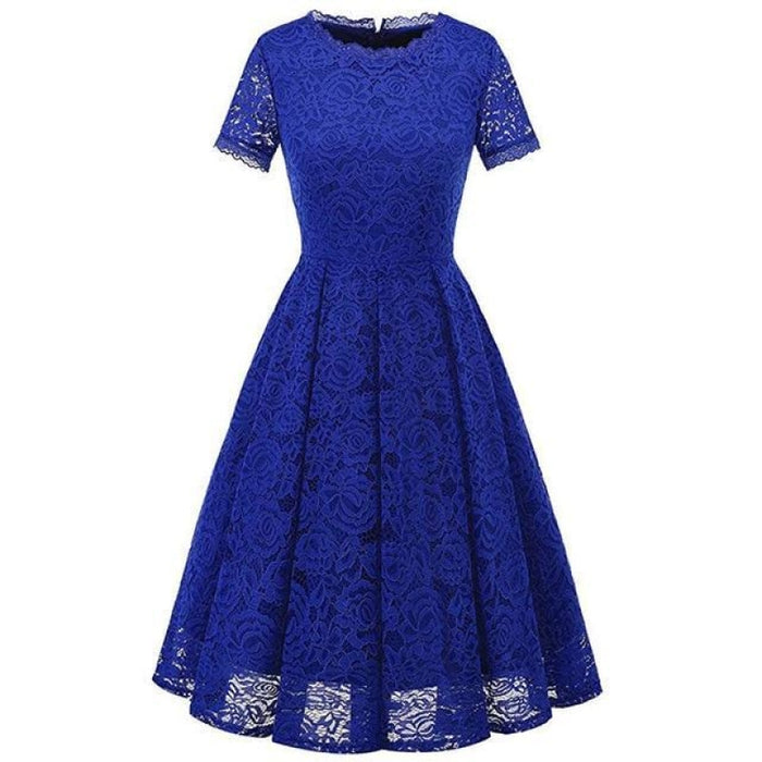 Women Short Sleeve Party Office Lace Dresses - Blue / S - lace dresses