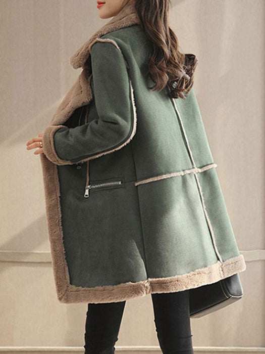 Women Suede Coat Faux Fur Collar Shearling Coat Zip Pockets Winter Coat