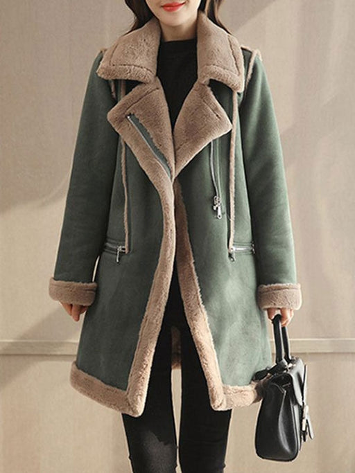 Women Suede Coat Faux Fur Collar Shearling Coat Zip Pockets Winter Coat