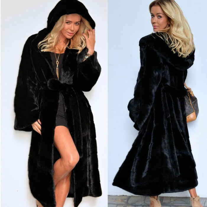 Womens Daily Street Hooded Long Faux Fur Coat - womens furs & leathers