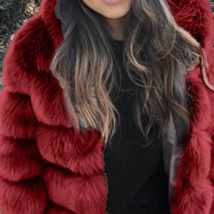 Womens Daily Winter Hooded Faux Fur Coat - S / Burgundy - womens furs & leathers