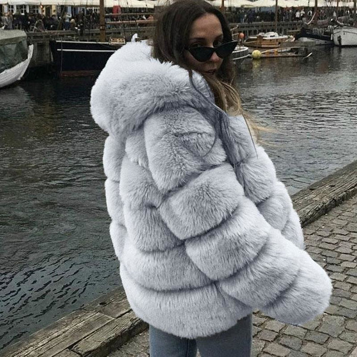 Womens Daily Winter Hooded Faux Fur Coat - S / Grey - womens furs & leathers