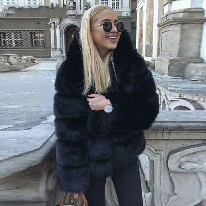 Womens Daily Winter Hooded Faux Fur Coat - S / Black - womens furs & leathers