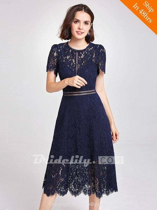 Womens Fashion A-line Lace Short Sleeve Cocktail Dresses - Dark Navy / 6 / United States - evening dresses
