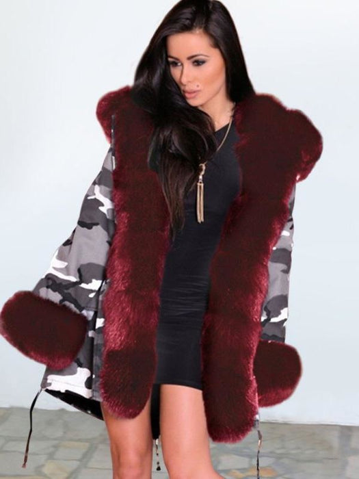 Womens Hooded Camouflage Faux Fur Coats - womens furs & leathers