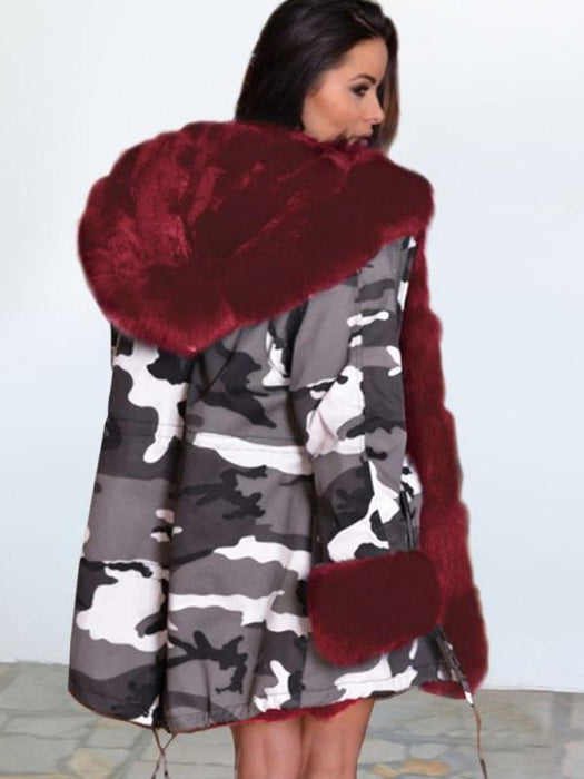 Womens Hooded Camouflage Faux Fur Coats - womens furs & leathers