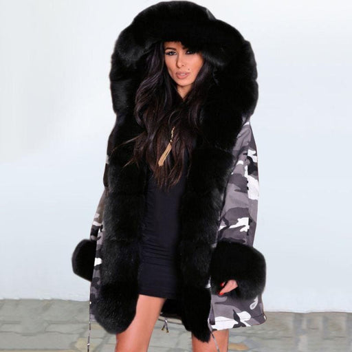 Womens Hooded Camouflage Faux Fur Coats - Black / S - womens furs & leathers