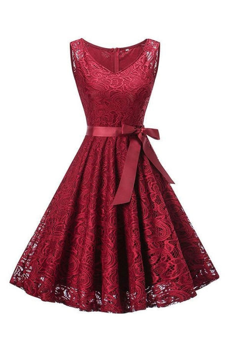 Womens Patchwork Lace-up Bowknot Dresses - Burgundy / S - lace dresses