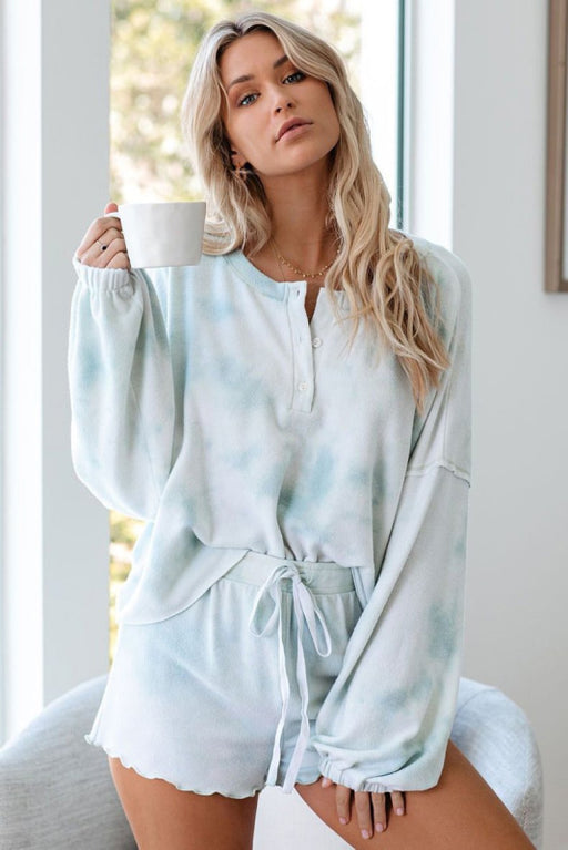 Womens Tie Dye Printed Ruffle Short Pajamas Set Long Sleeve Nightwear Sleepwear - robes