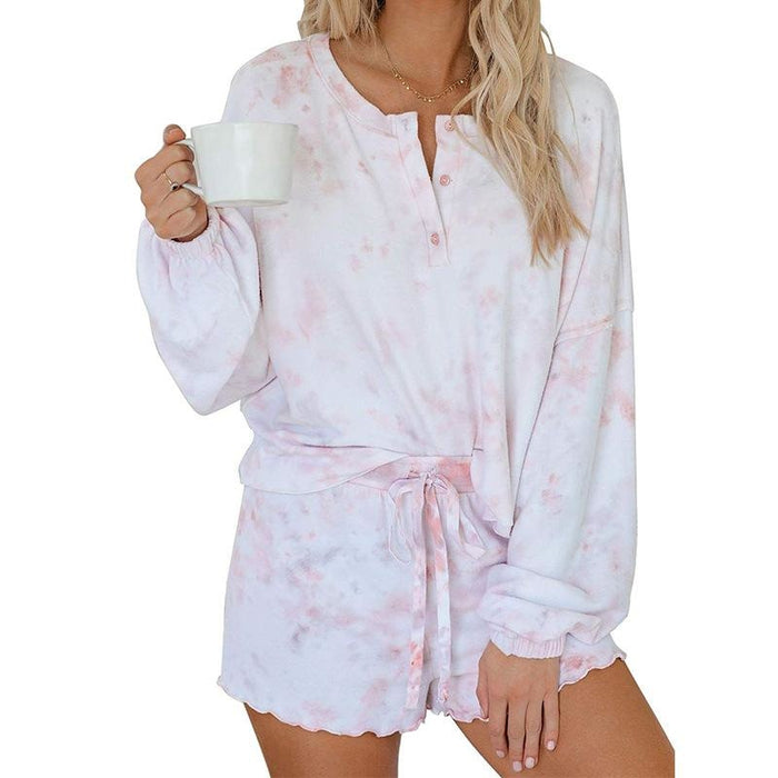 Womens Tie Dye Printed Ruffle Short Pajamas Set Long Sleeve Nightwear Sleepwear - robes