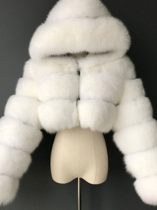 Women's White Faux Fur Coats Long Sleeves Hooded Lilac Polyester Lining Short Winter Coat