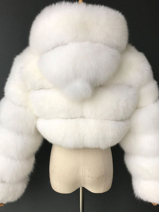 Women's White Faux Fur Coats Long Sleeves Hooded Lilac Polyester Lining Short Winter Coat