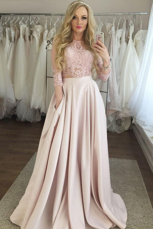 Wonderful Excellent Pearl Pink Two Piece Prom Lace 3/4 Sleeves Long Formal Dress with Pockets - Prom Dresses