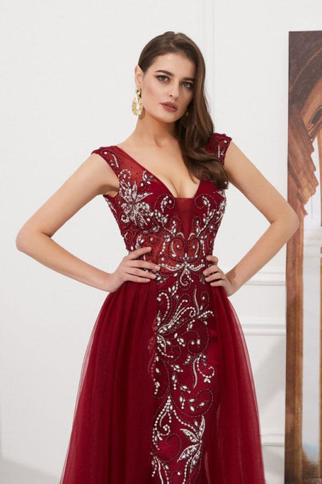 Wonderful Fabulous Burgundy V Neck Sleeveless Tulle Long Prom Dress with Beads Crystal - Prom Dresses