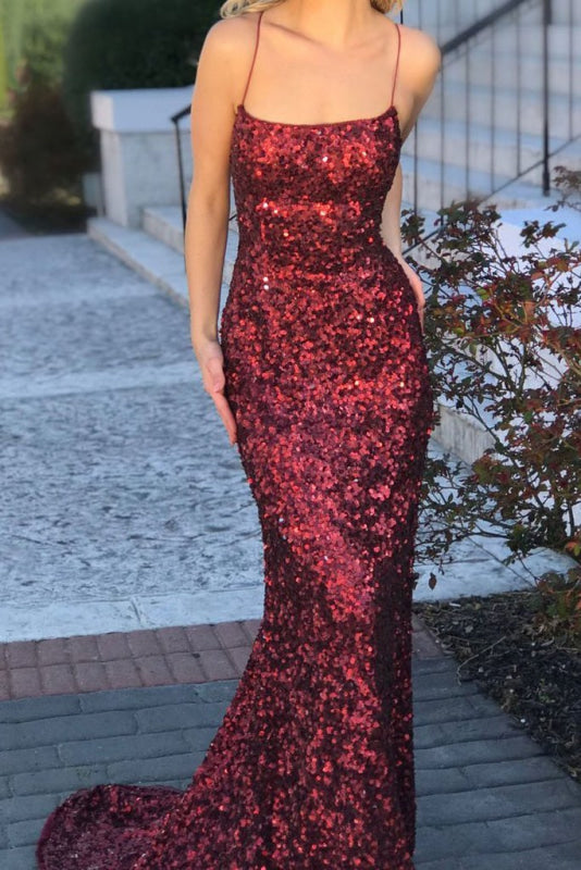 Wonderful Latest Fascinating Spaghetti Straps Burgundy Mermaid Backless Long Sparkly Sequins Prom Dresses - Prom Dresses