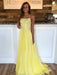 Yellow A Line Backless Sequins Chiffon Long Prom Dresses, Yellow Formal Dresses, Evening Dresses 2019