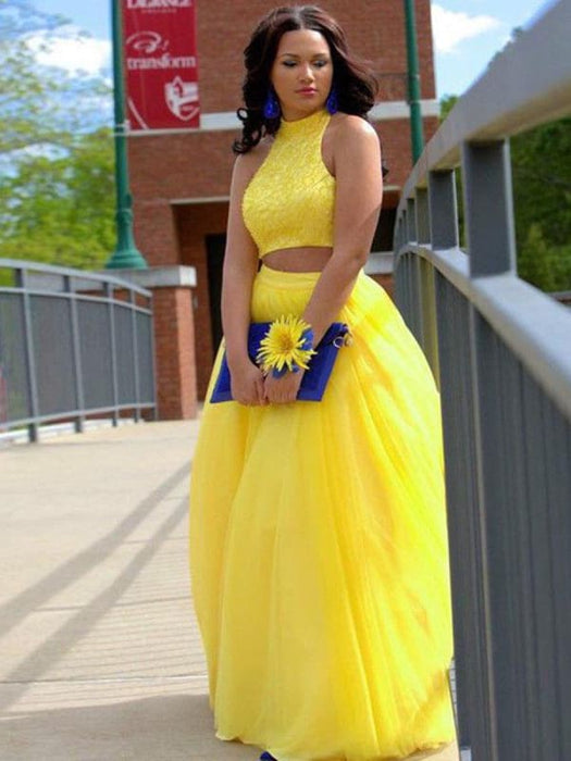 Yellow A Line High Neck Two Pieces Beading Tulle Long Prom Dresses, Two Pieces Yellow Formal Dresses, Yellow Evening Dresses