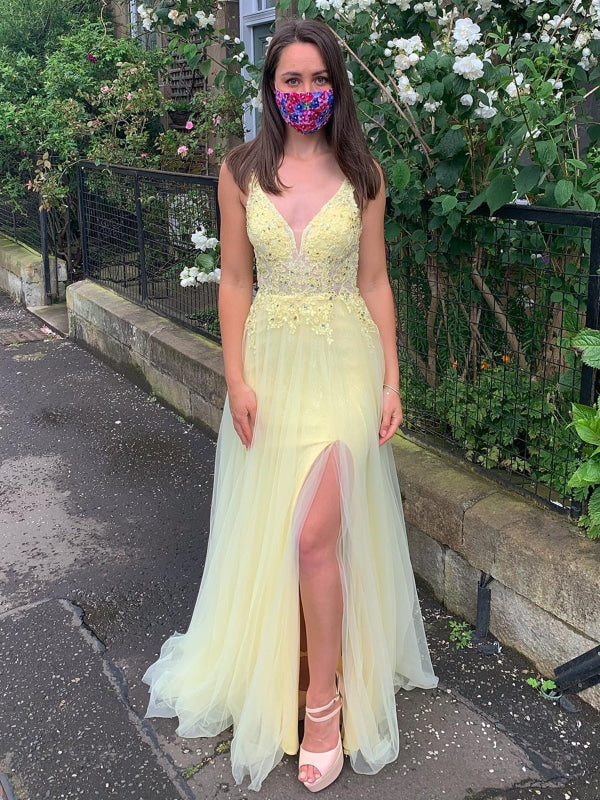 Yellow A Line V Neck Backless Lace Prom Dresses with Slit, Yellow Lace Formal Dresses, Yellow Evening Dresses