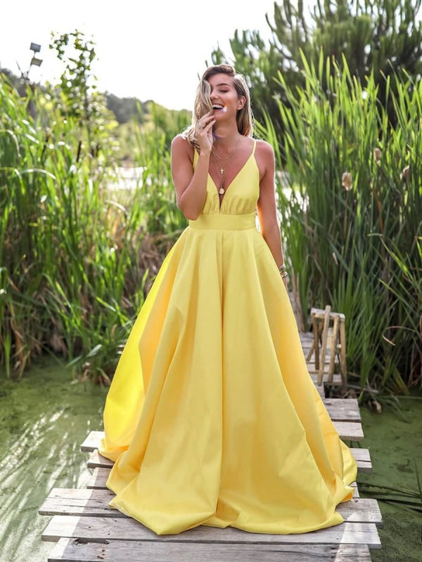 A Line Yellow V Neck Satin Lace Up Prom Dress with Slit LBQ3184 main image 1