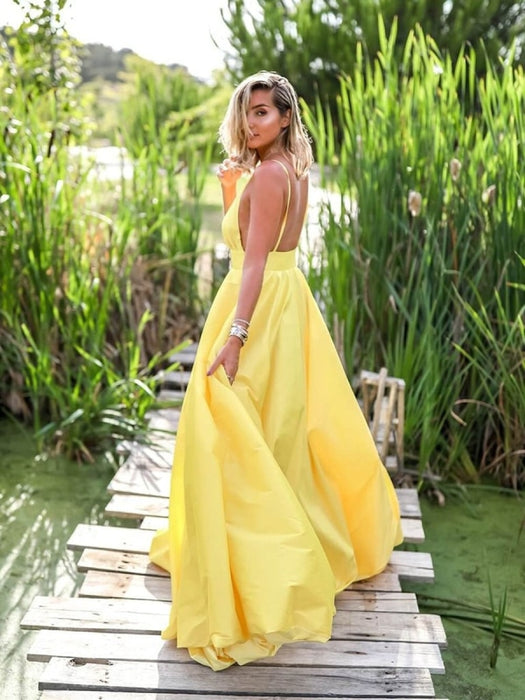 Yellow A Line V Neck Backless Satin Long Prom Dresses, Yellow V Neck Graduation Dresses, Yellow Long Evening Dresses