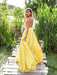Yellow A Line V Neck Backless Satin Long Prom Dresses, Yellow V Neck Graduation Dresses, Yellow Long Evening Dresses