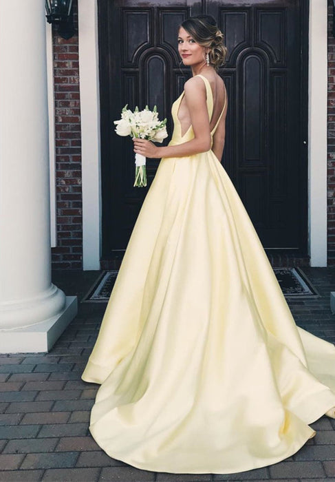 Yellow A Line V Neck Satin Long Prom, V Neck Backless Yellow Satin Wed Bridelily Yellow A Line V Neck Satin Long Prom, V Neck Backless Yellow Satin Wed Bridelily